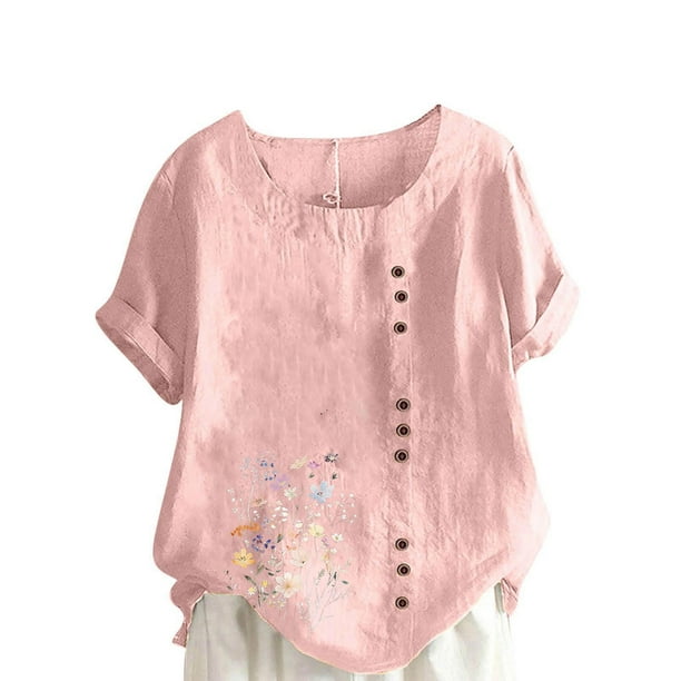 Vestidos Casuales Para Mujer, Blusas De Mujer De Moda Blusa informal de lino con cuello redondo, manga corta y botones para mujer