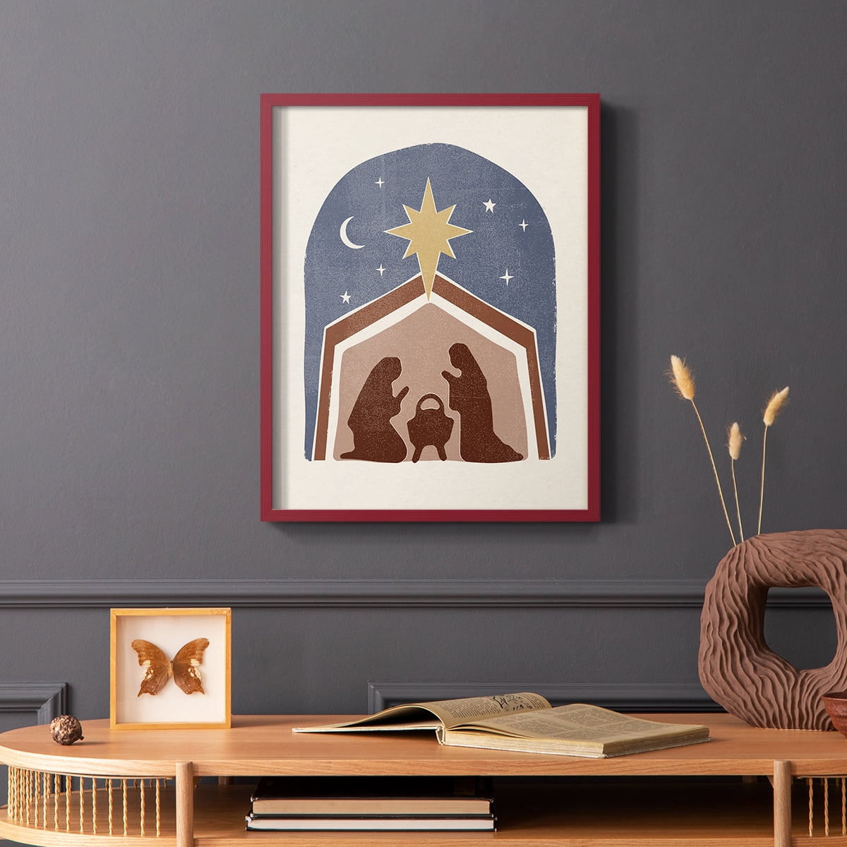 Boho Nativity I Framed Print in Red Solid Wood Framed Print No Nail Hanging