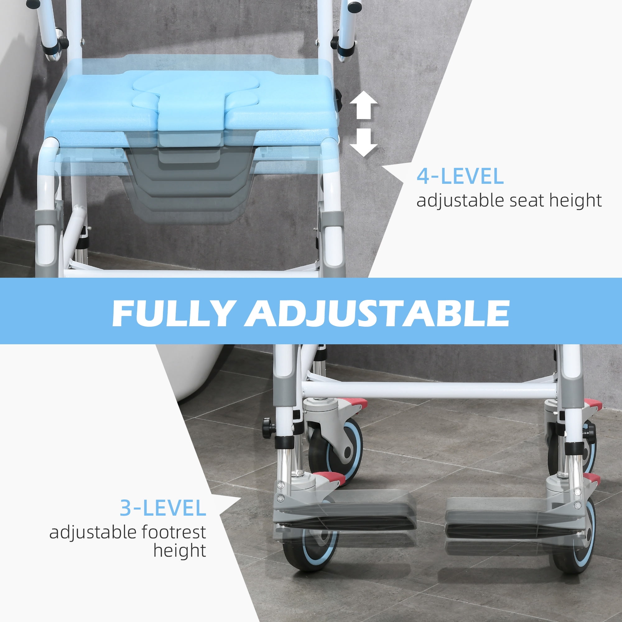 HomCom Accessibility Commode Wheelchair with 4 Castor Wheels, Blue