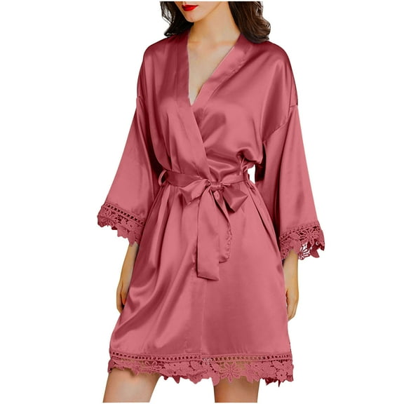 Besolor Women's Satin Night Robe Soft Lightweight 3/4 Sleeve V Neck Lace Nightgown Bathrobes with Belt Sleepwear