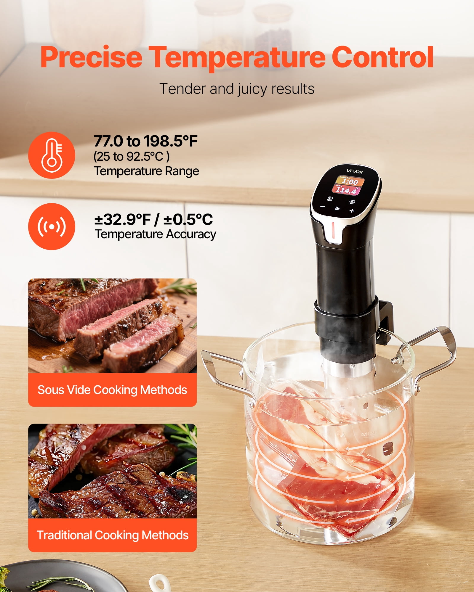 VEVOR Sous Vide Precision Cooker, 1100W Sous-Vide Cooking Machine, WIFI Immersion Circulator with 10 Preset Recipes, LCD Touchscreen, Fast-Heating, Accurate Temperature & Timer, App Control