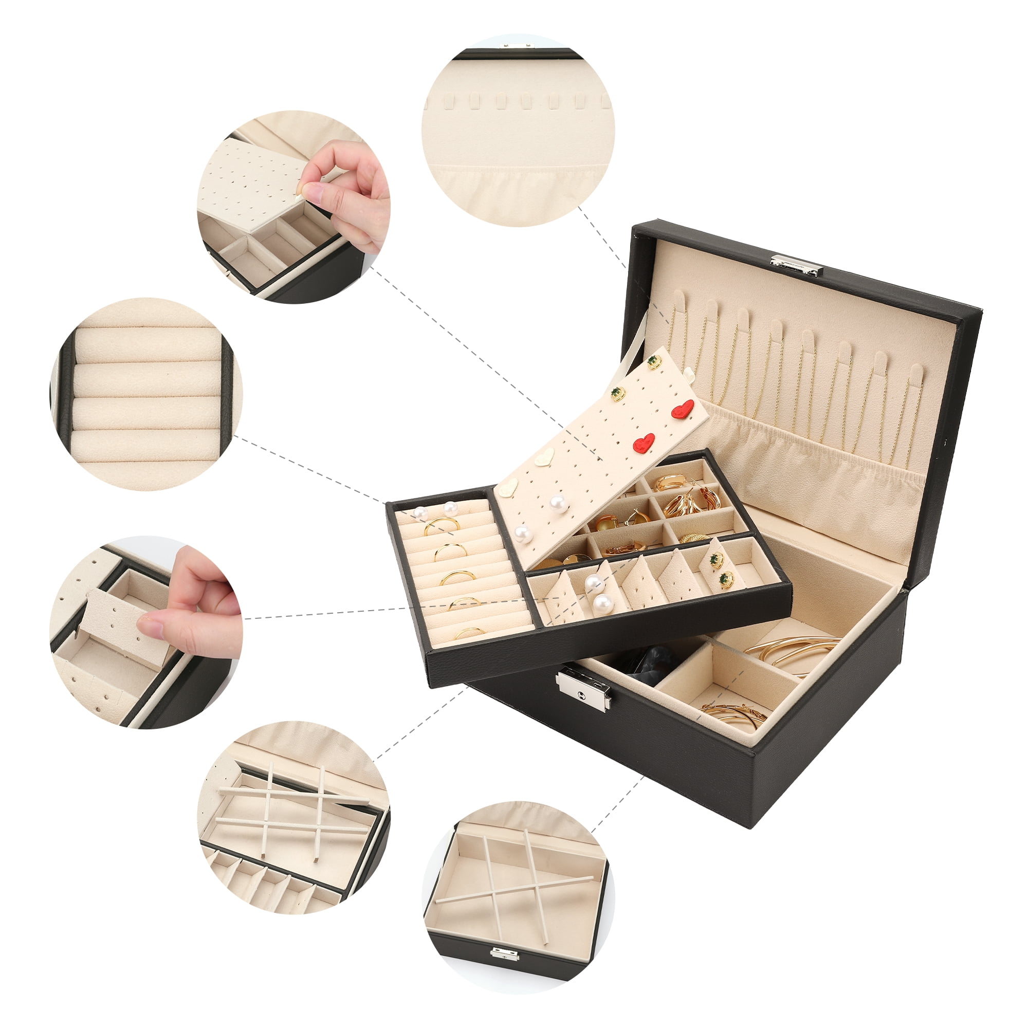 Unique Bargains 2 Layer Jewelry Box PU Leather Jewelry Organizer Case Storage with Drawer Black