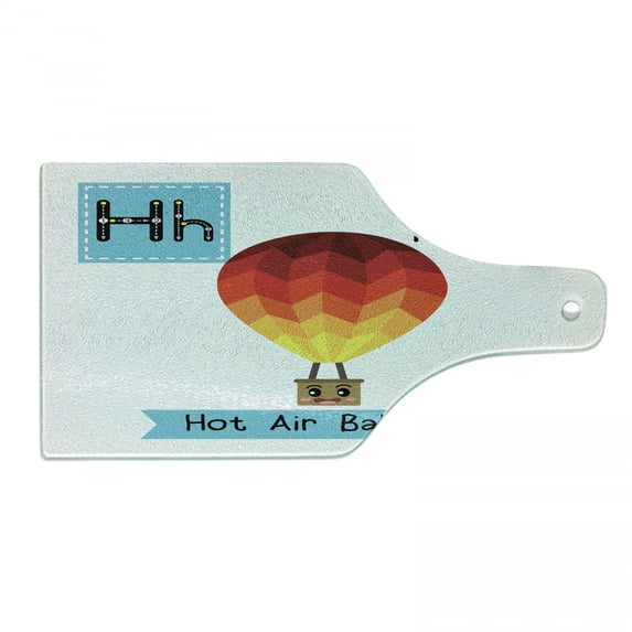 Hot Air Balloon Cutting Board, Educational H is for Alphabet Fire Balloon Basket Colorful Learning Print, Decorative Tempered Glass Cutting and Serving Board, in 3 Sizes, by Ambesonne