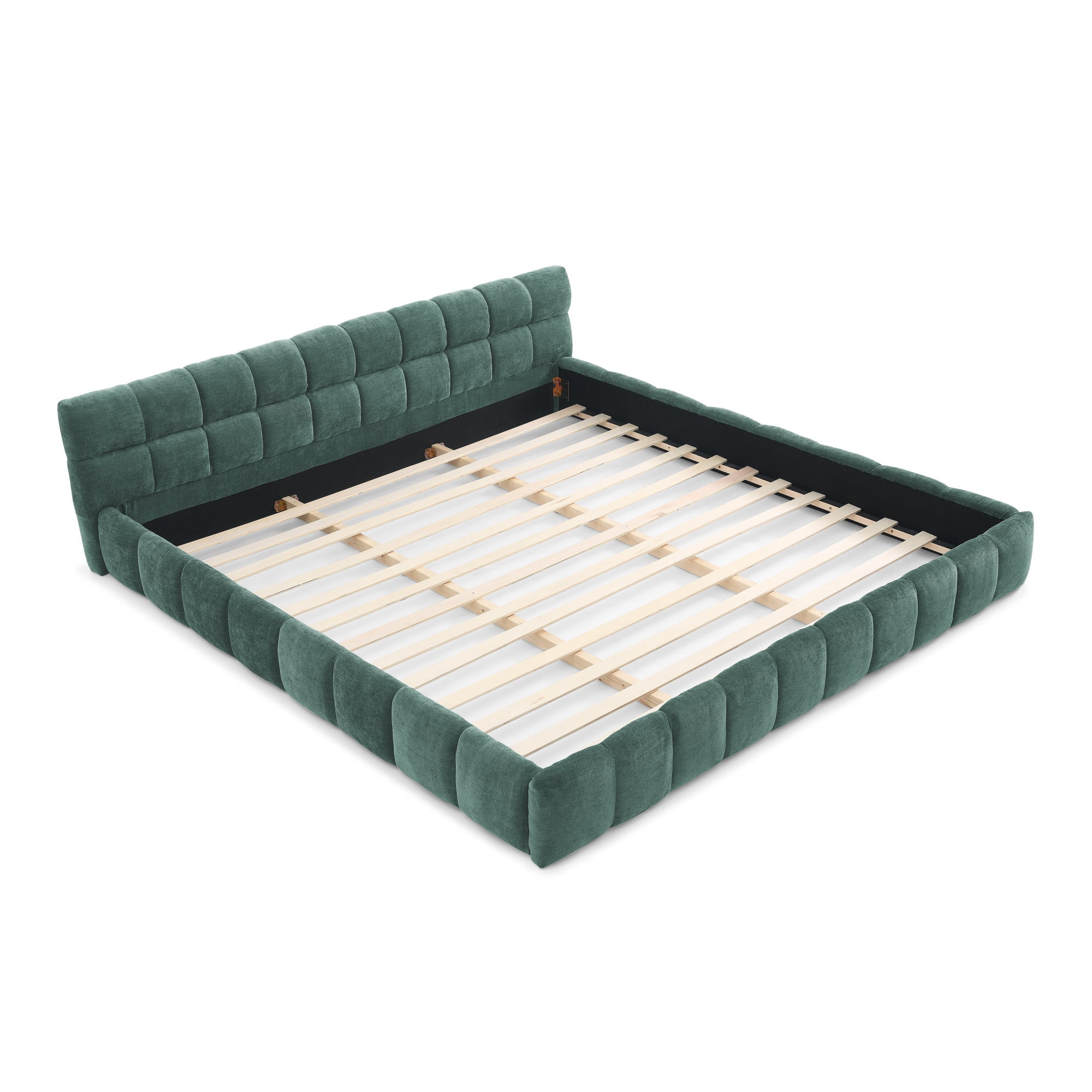 California King Upholstered Bed Frame with Thick Chenille Fabric, Grounded Platform Bed with Headboard, Solid Frame, No Box Spring Needed, Modern Bedroom, Green