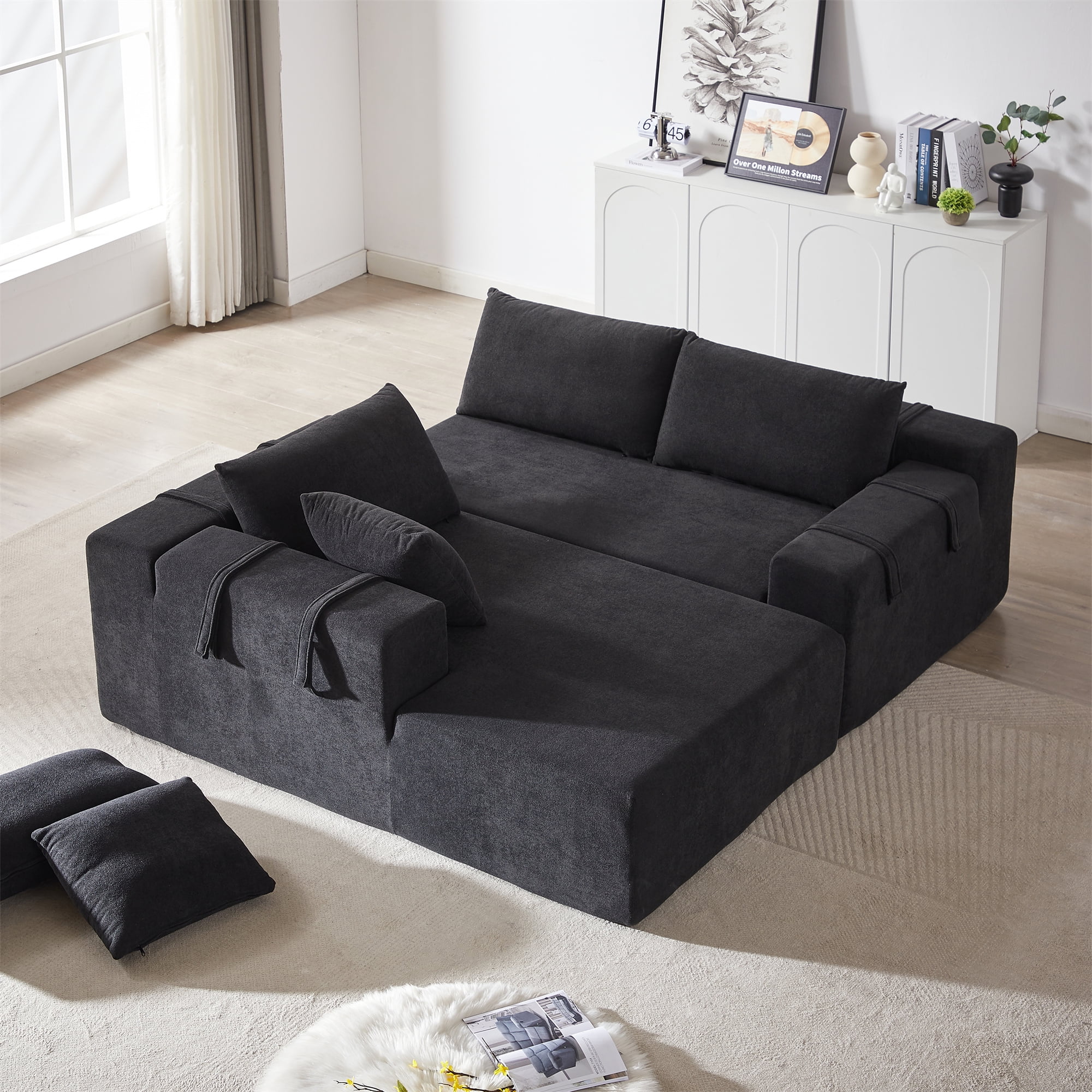 Aukfa 108" Modular Sectional Couch, Deep Seat Cloud Sofa with 6 Pillows, No Assembly, Left Chaise, Black