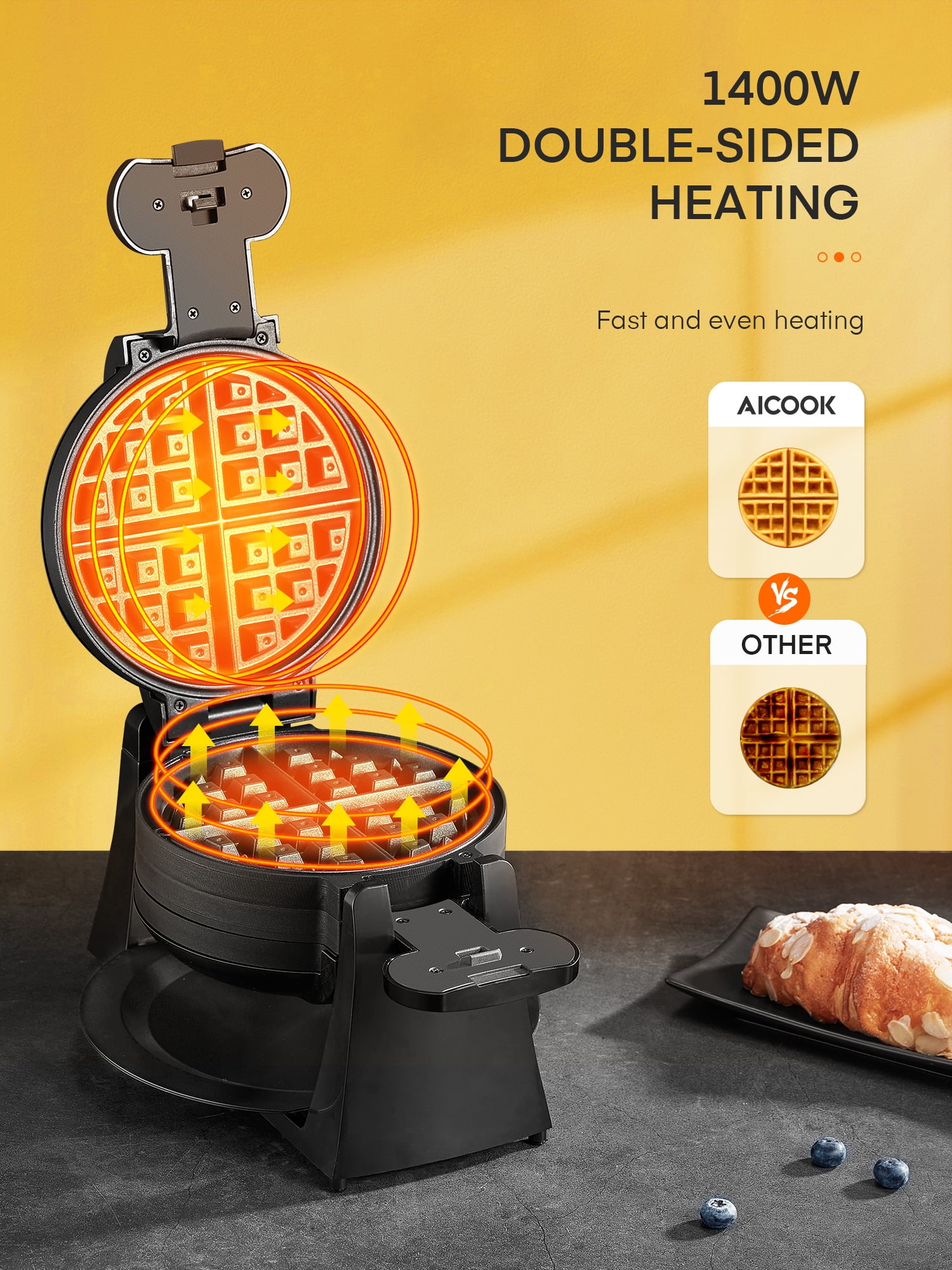 FOHERE Double Belgian Waffle Maker 180 Flip, 1400W, Waffles in 3 Minutes, Anti-Scald, Nonstick, Black, New