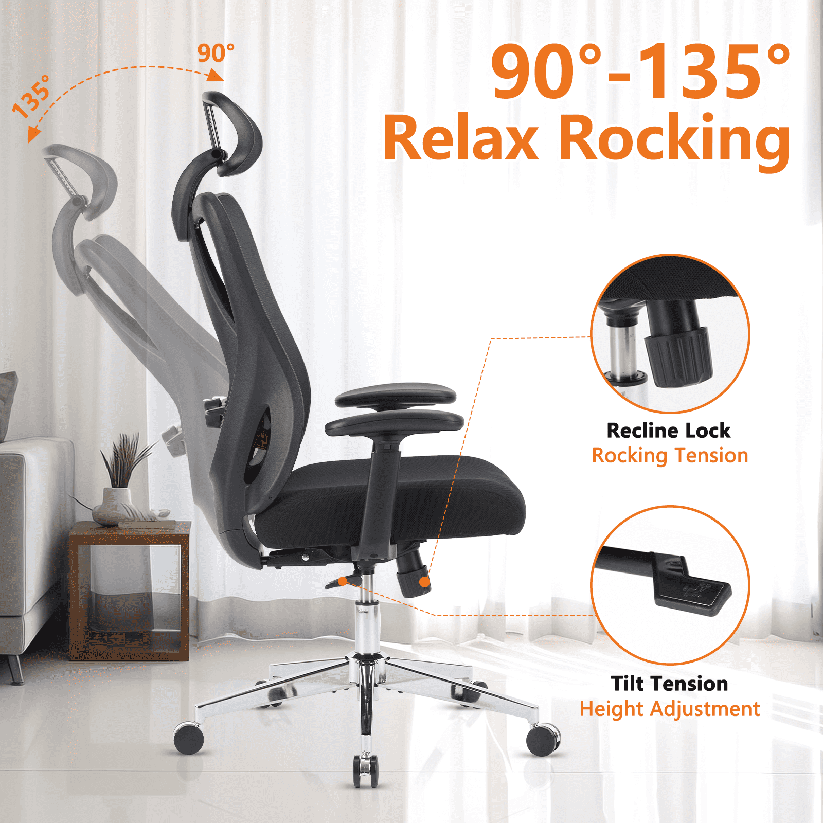GIANNA Computer Desk Chair, Ergonomic Chair with Adjustable Headrest, 2D Armrests, Lumbar Support, Mesh Gaming Chair for Home Office, Black