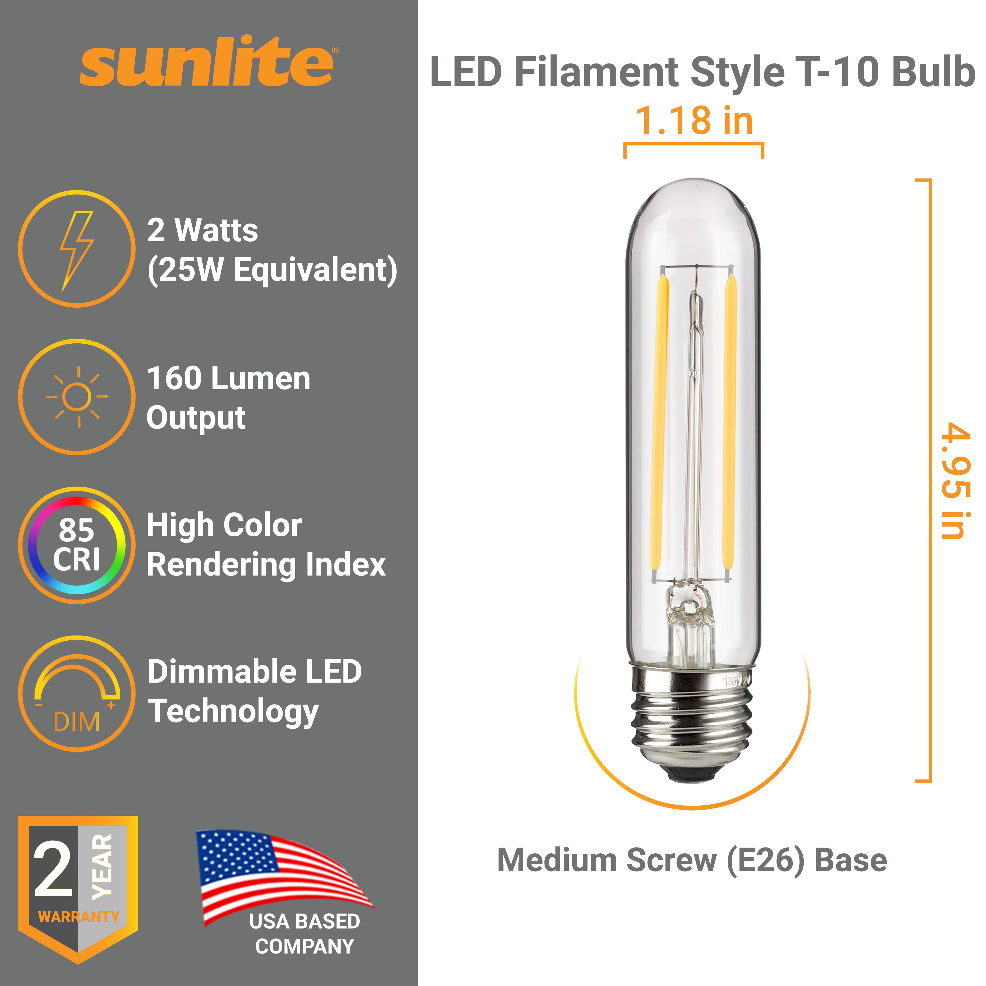 Sunlite LED Filament T10 Tubular Light Bulb, Vintage Edison Style, E26 Base, 2 Watts (25W Equivalent), 160 Lumens, Dimmable, ETL Listed, 2200K – Amber, 6 Pack
