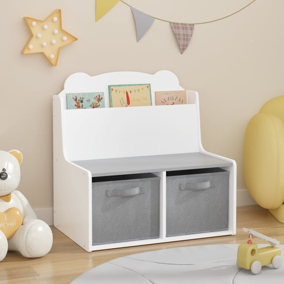 Noble House Kids Bookshelf with Book Display Shelf and 2 Gray Fabric Bins, Bear-Shaped Bookcase, Toy Organizer, White