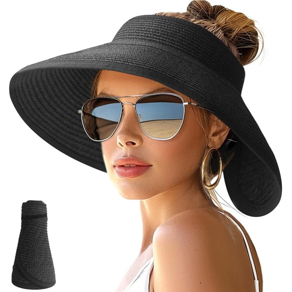 Sun Hats for Women Wide Brim Straw Visor Hat Ponytail Open Top Packable Sun Hat Women Foldable Roll-Up Beach Hats for Women Summer Travel