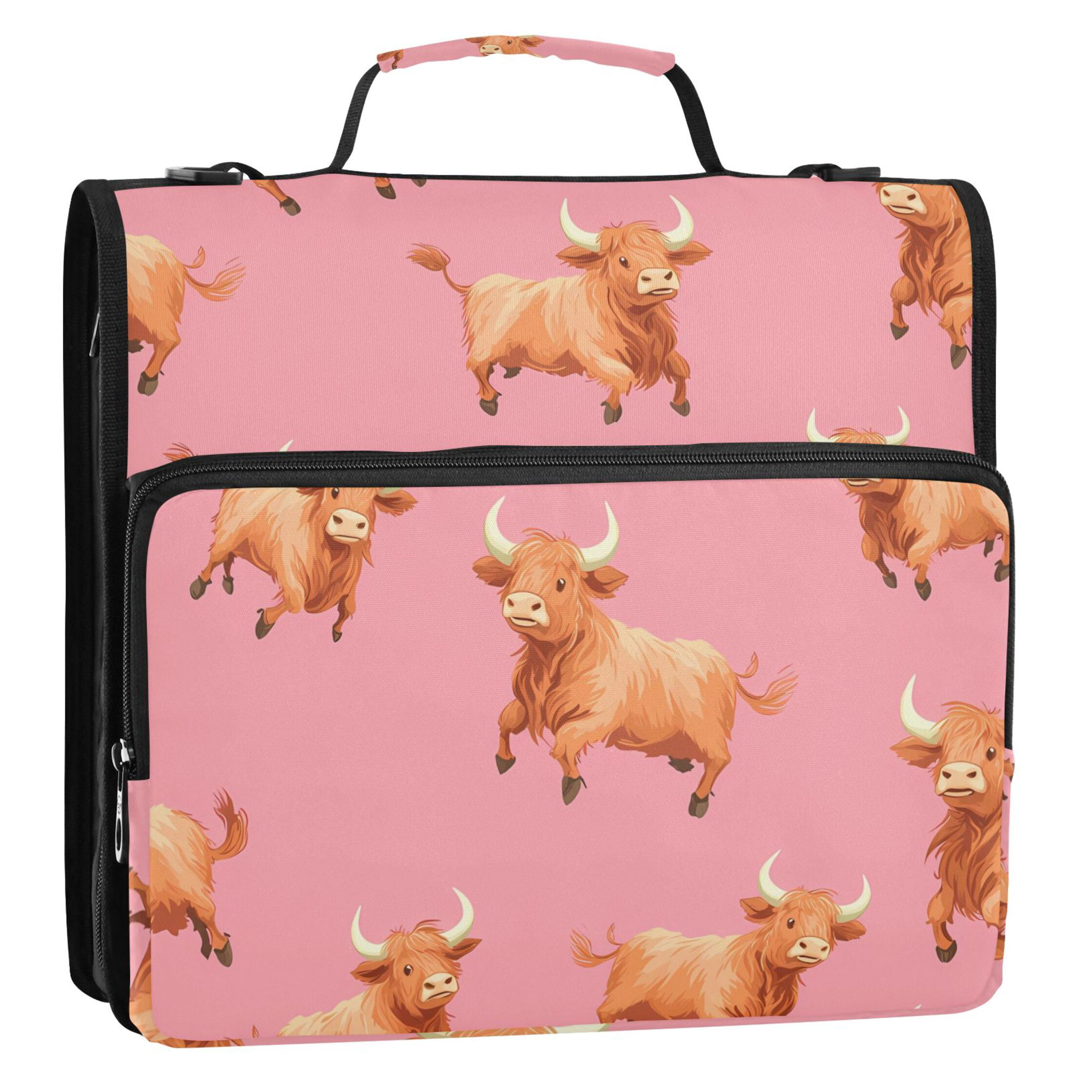 ALAZA Zipper Binder Highland Cattle Running 3 Ring Trapper Keeper File Folder Organizer Bag