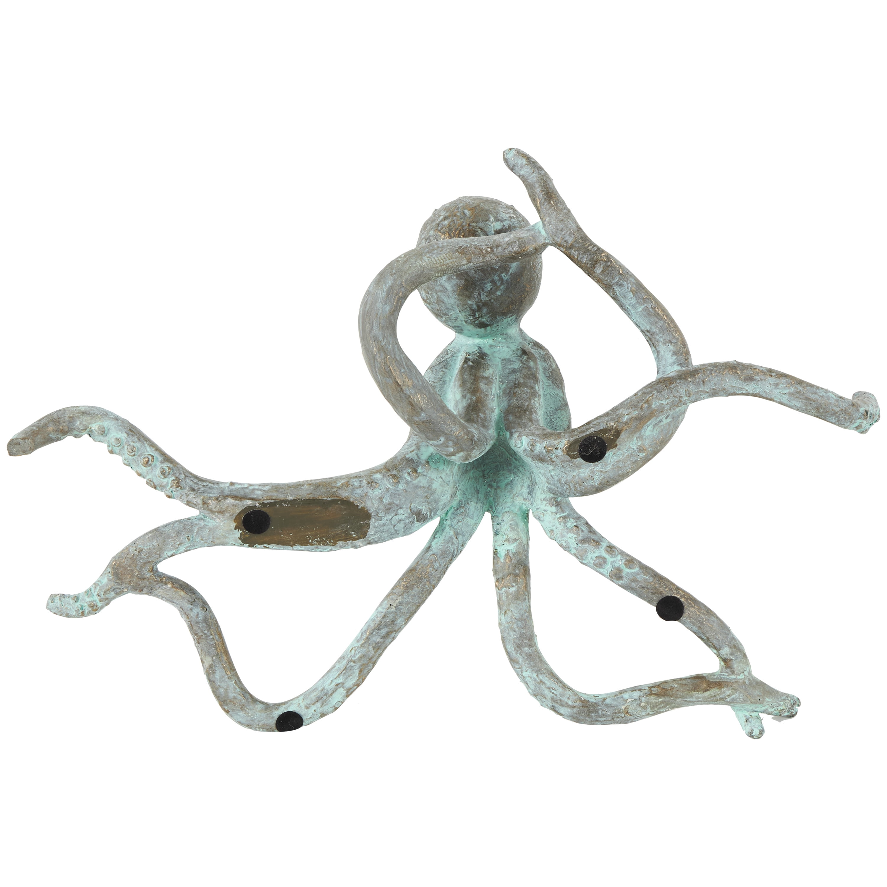 12" x 4" Blue Polystone Distressed Patina Octopus Sculpture with Gold Foil Accents, by DecMode