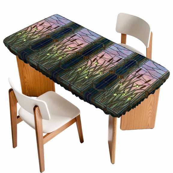 Stained Glass Table Cloths for 3 Foot Rectangle Tables, Vintage Abstract Botanical Plant Patio Waterproof Elastic Fitted Tablecloths, Washable Rectangular Table Cover for Camping
