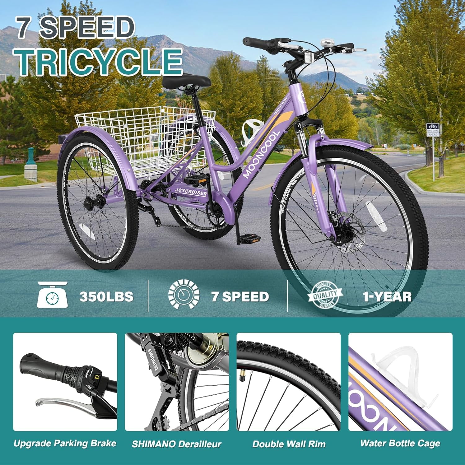 Slsy Mountain Tricycle for Adults, 24/26/27.5 Inch MTB 7 Speed Three Wheel Bike, Adults Tricycle with Cargo Basket for Adults, Women, Men, Seniors