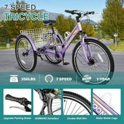 Slsy Mountain Tricycle for Adults, 24/26/27.5 Inch MTB 7 Speed Three Wheel Bike, Adults Tricycle with Cargo Basket for Adults, Women, Men, Seniors