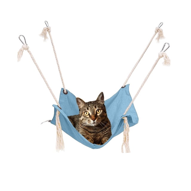 Hamaca para gatos, hamaca transpirable para mascotas, cama colgante para gatos con mosquetones y borlas de metal, hamaca colgante para gatos (azul claro)