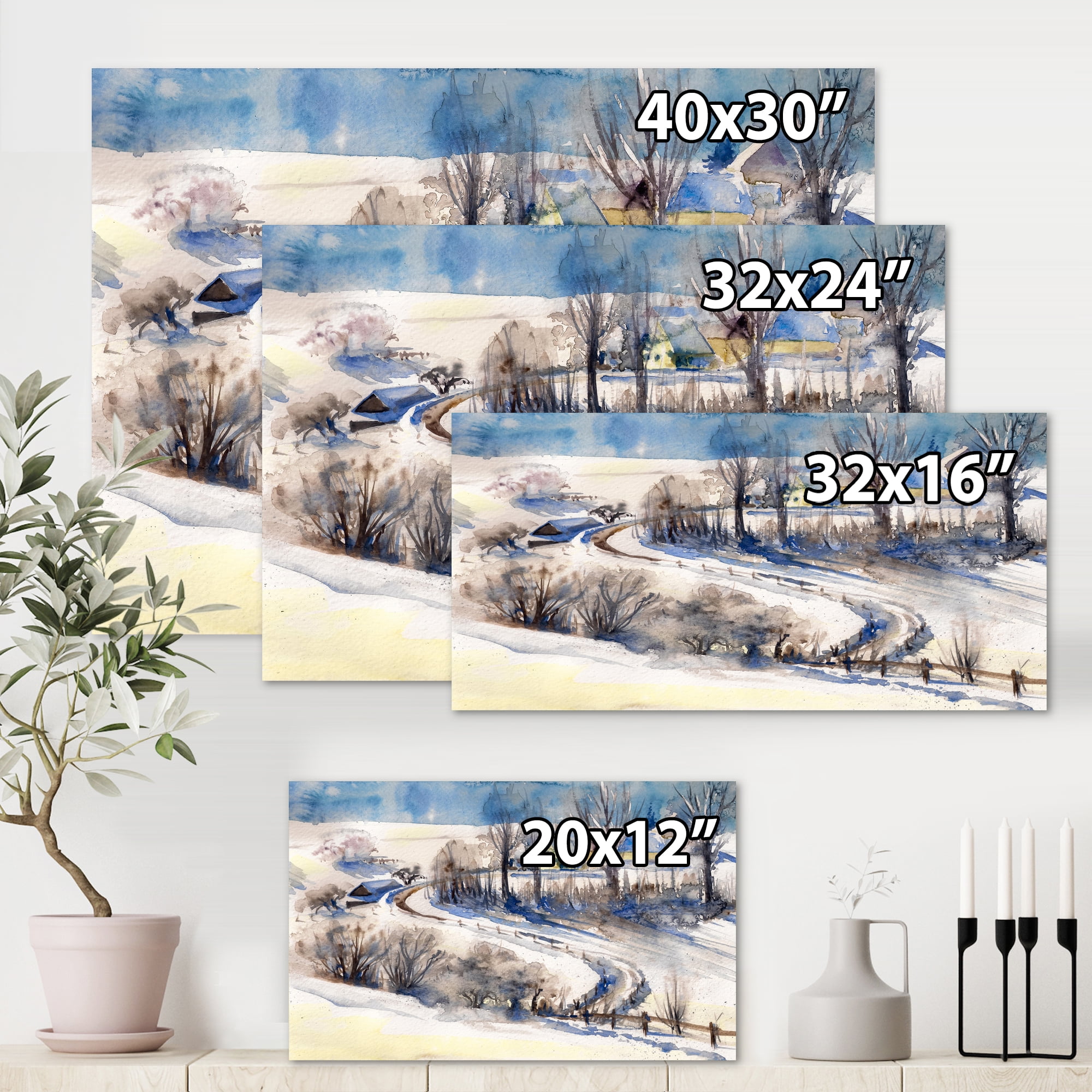 Country Road In Winter Times Landscape I 12 in x 8 in Painting Canvas Art Print, by Designart