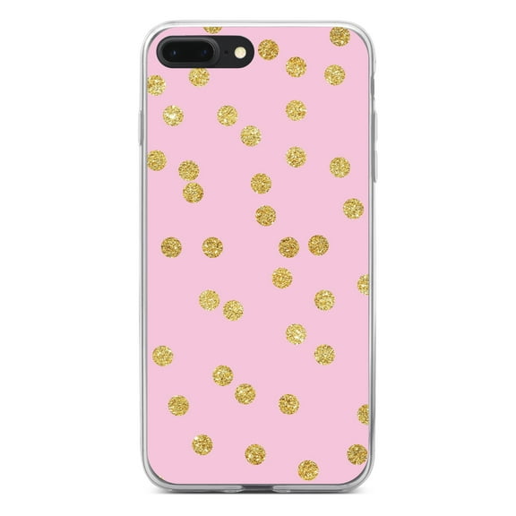 DistinctInk Clear Shockproof Hybrid Case for iPhone 7 PLUS / 8 PLUS (5.5" Screen) - TPU Bumper, Acrylic Back, Tempered Glass Screen Protector - Pink & Gold Print - Polka Dots Pattern
