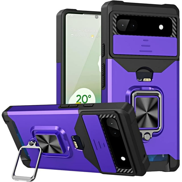 KOMI Card Slot and Wireless Charging Case for Google Pixel 6a, Military Grade Shockproof Lens Protection with Magnetic Stand Phone Cover for Google Pixel 6a YHZH Purple