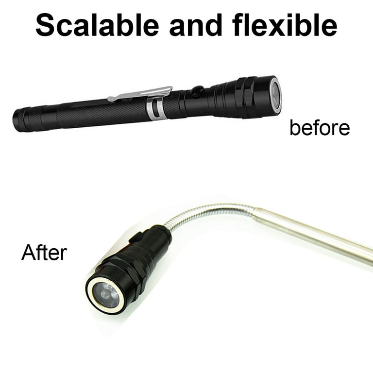 Portable LED Telescopic Flashlight with Magnetic Head Flexible and Extensible Torch Black
