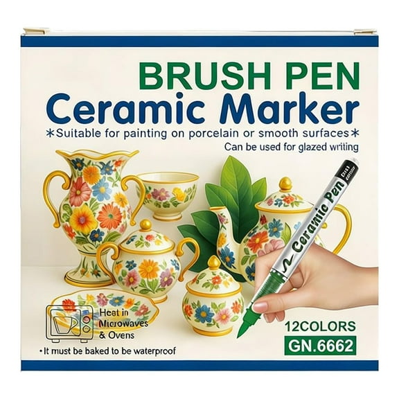 12 Pcs Permanent Ceramics Paint Pens, Brush Tip Porcelain Markers, Arcylic Paint Markers Waterproof & Fade Resistant, Suitable for Wine, Mugs, Christmas Art, Unglazed Ceramics