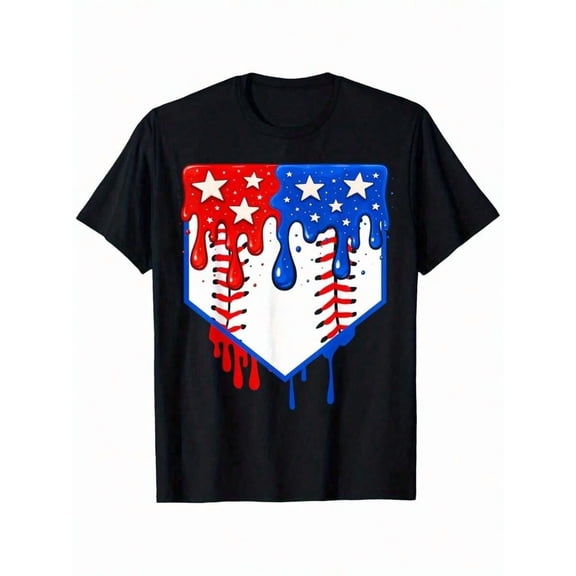 children’s wear Retro Patriotic Baseball Home Plate Dripping USA Flag Stars and Stripes Graphic T-Shirt for Kids Boys Girls, Cute 4th of July Sports Tee