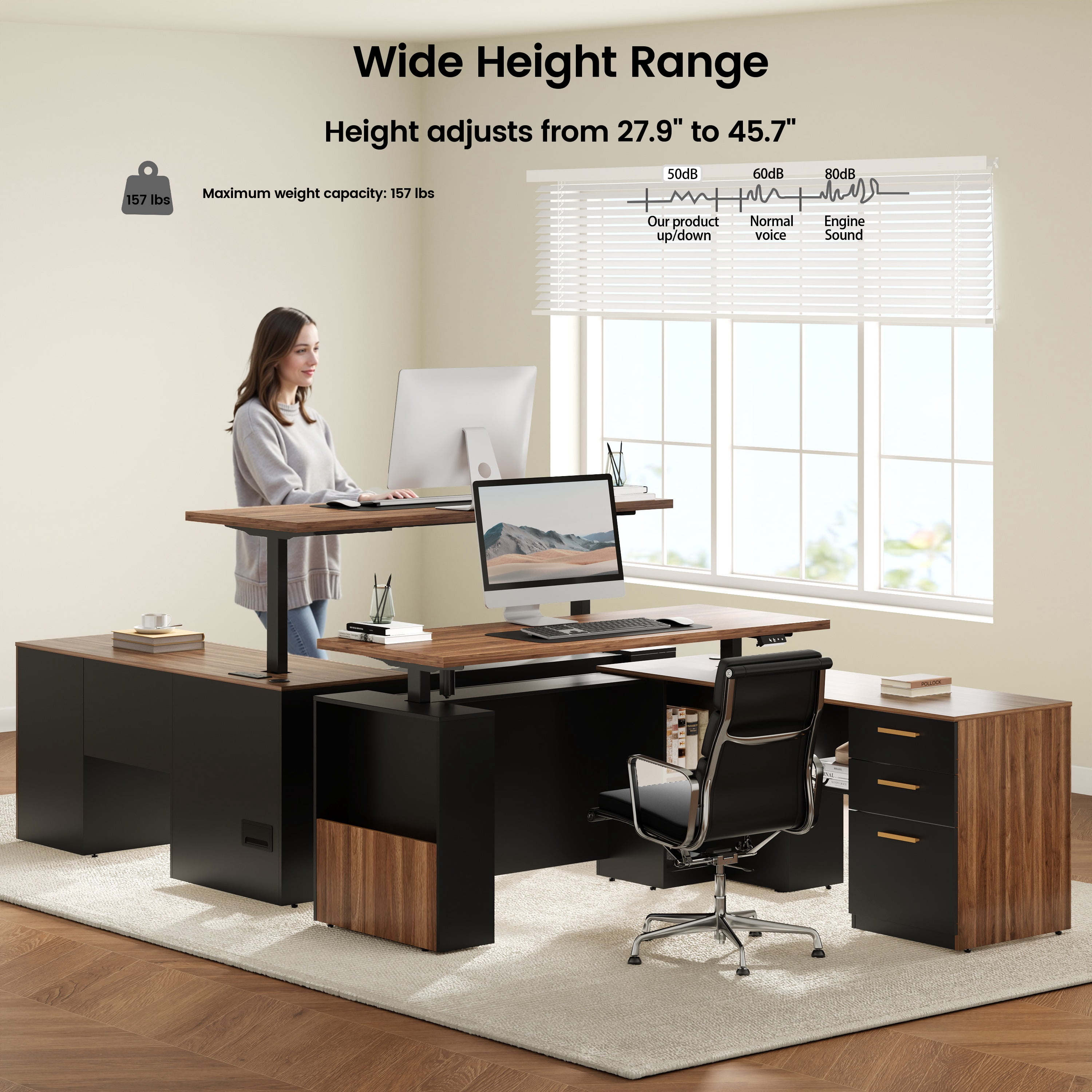 ModernMate 63" Height Adjustable Standing Desk with Privacy Panel, 2 Large One-Piece Desktops, L-Shaped Executive Workstation with 3-Drawer Filing Cabinet for Home Office