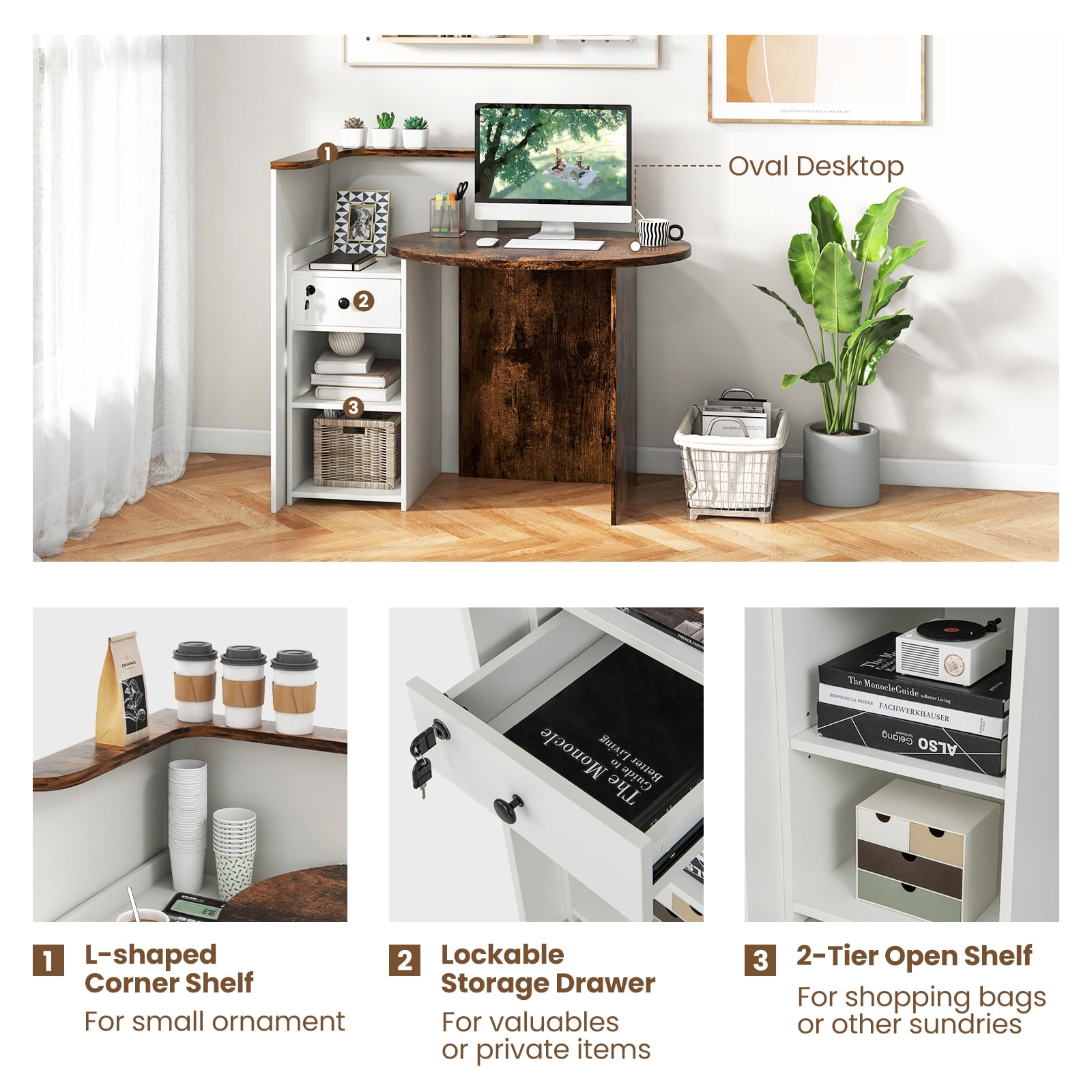 Giantex Reception Desk, Computer Workstation w/Lockable Drawer & Open Shelves, Checkout Counter, Rustic Brown & White