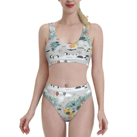Bixox The World Map with Cartoon Animals Pattern Two-Piece Sports Bikini with U-Shaped Top and High-Waist Bottom - Women s Swimwear with Removable Bra Pads
