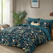 7 Piece Peacock Blue Floral Comforter Set Queen Size