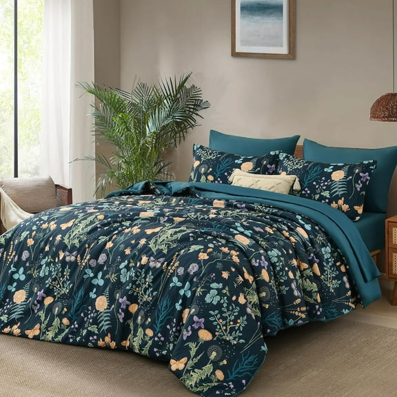 7 Piece Peacock Blue Floral Comforter Set Queen Size