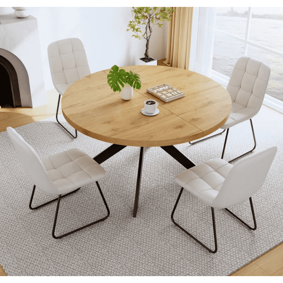 46.4" Round Table Set Of 4 , Modern Kitchen Table Set, Mdf Dining Table With Dining Chairs