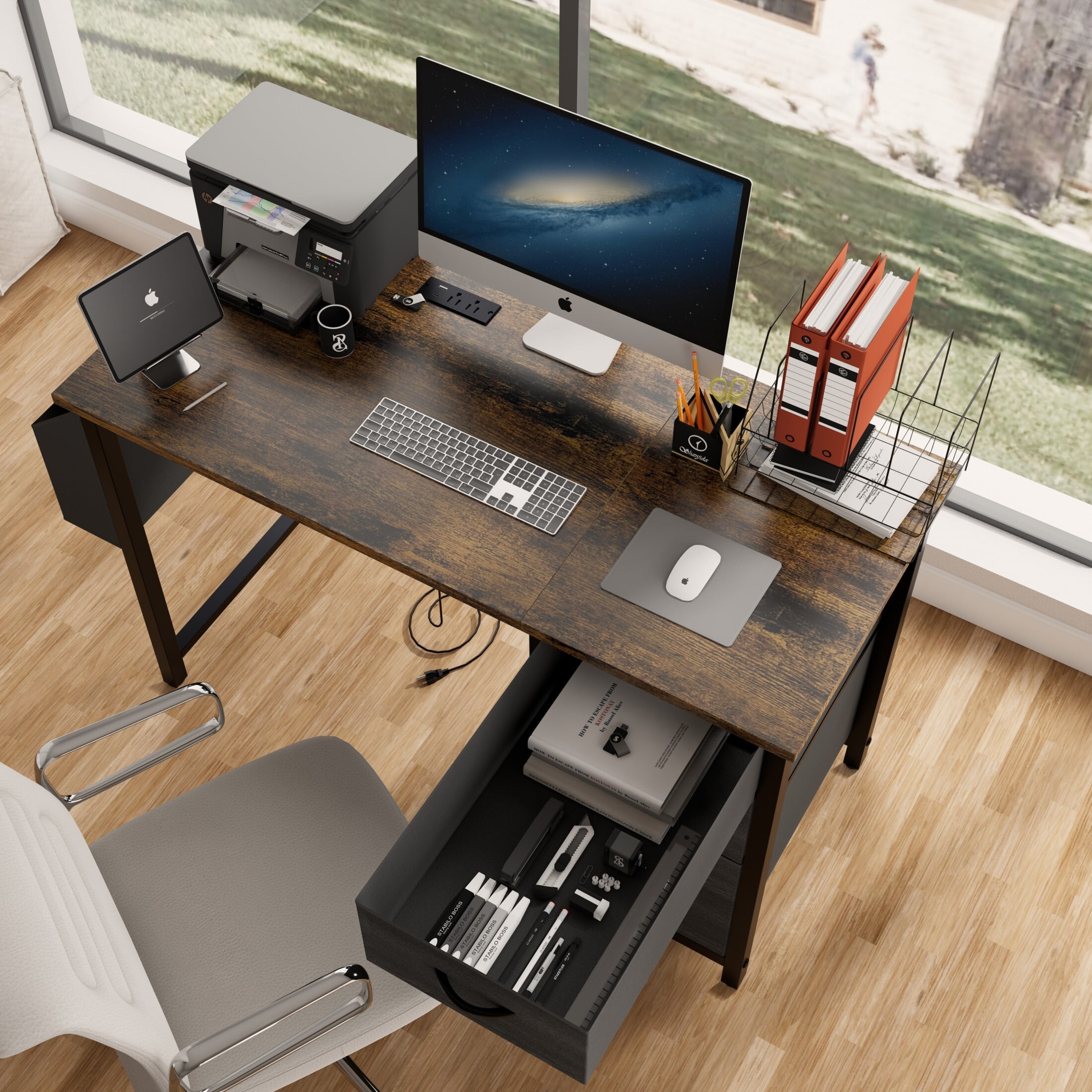DEALTOPS Computer Desk with Power Outlets, Office desk with Reversible Fabric Drawers and Side Pocket, Rustic Brown