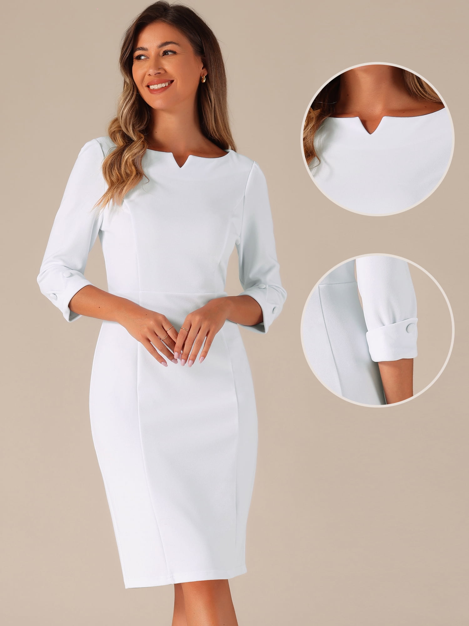 DARING DIVA Women's 3/4 Sleeve Work Pencil Midi Dresses M White