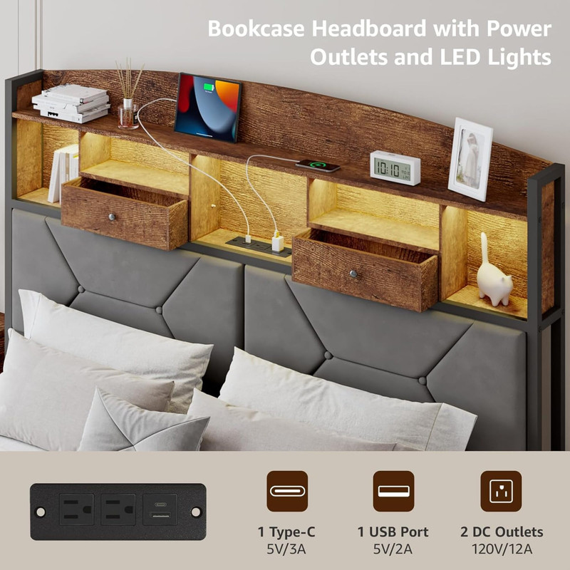 Queen Bed Frame with 4 Storage Drawers, Upholstered Velvet LED Button-Tufted Headboard, and Wooden Slats - No Box Spring Needed, Brown