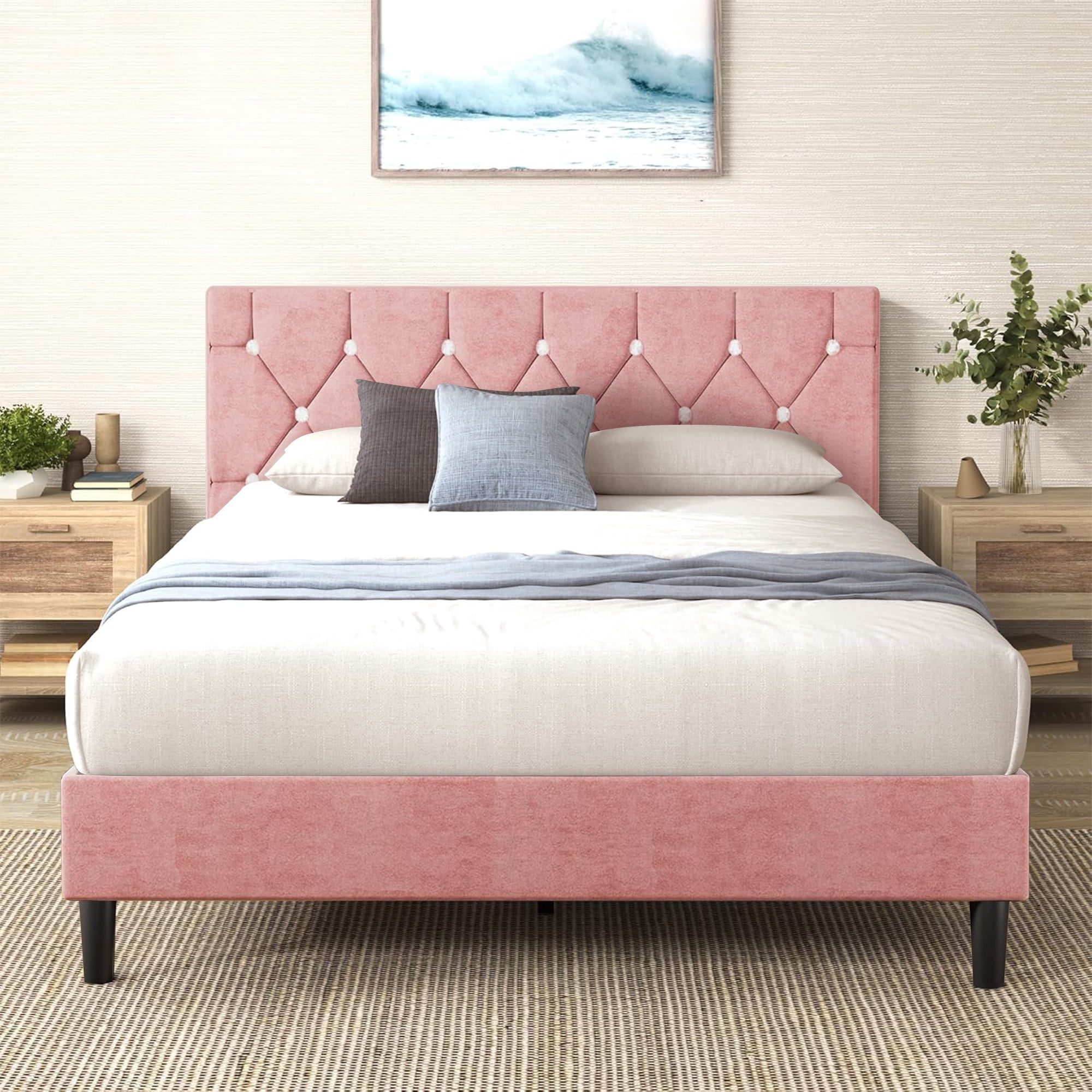 VECELO Full Size Platform Bed Frame, Modern Upholstered Bed Frame with Diamond Tufted Headboard, No Box Spring Needed, Easy Assembly, Pink