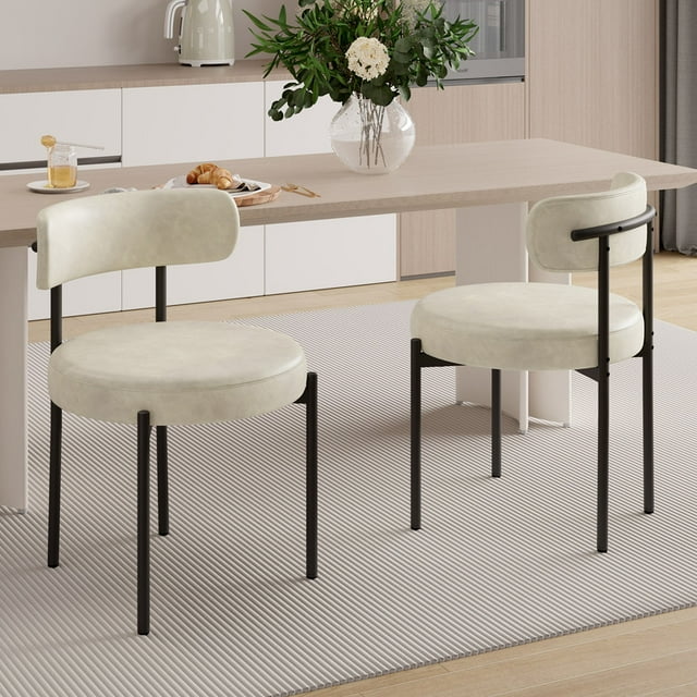 Hawsaiy Dining Chairs Set of 2, Round Boucle Dining Room Chairs with Curved Backrest & Thick Cushion, Mid-Century Modern Upholstered PU Leather Kitchen Side Chairs with Metal Legs, Beige