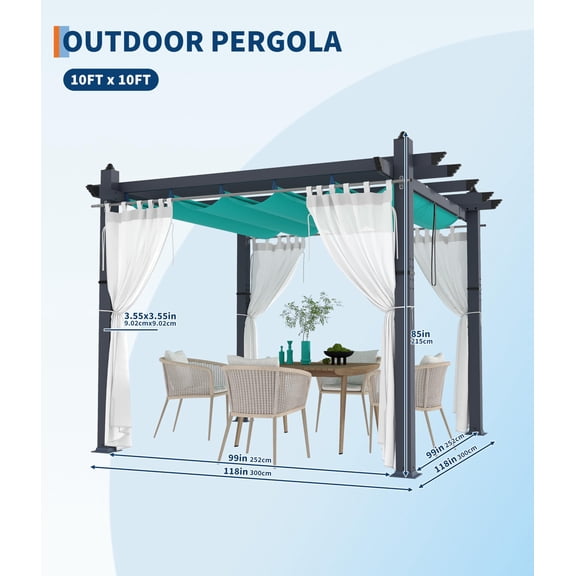Historyli 10×10 FT Aluminum Pergola, Retractable Waterproof Canopy with Mesh Side Curtains, Outdoor Patio Gazebo, Blue