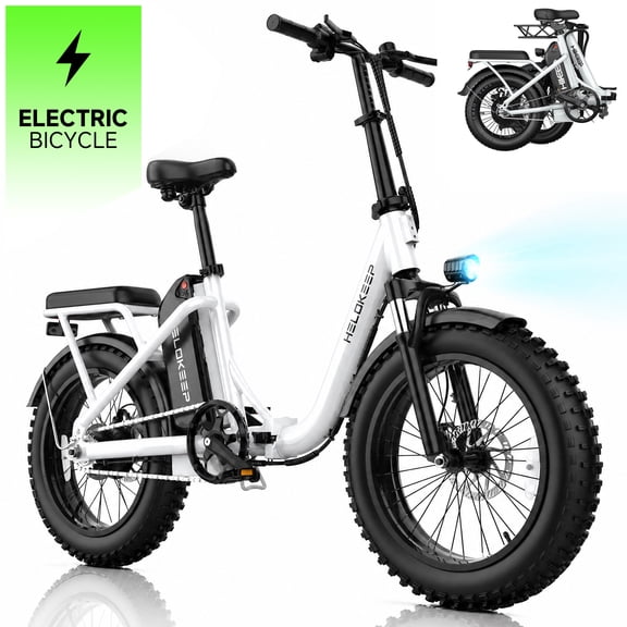 750W 1200W Folding Electric Bike for Adults, 48V 10Ah Removable Battery, 16" Fat Tire Ebike, Dual Disc Brakes & Front Suspension, UL 2849, White