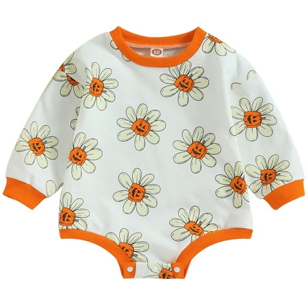 

Newborn Baby Girls Romper Long Sleeve Flower Pumpkin Print Bodysuit Newborn Halloween Sweatshirt