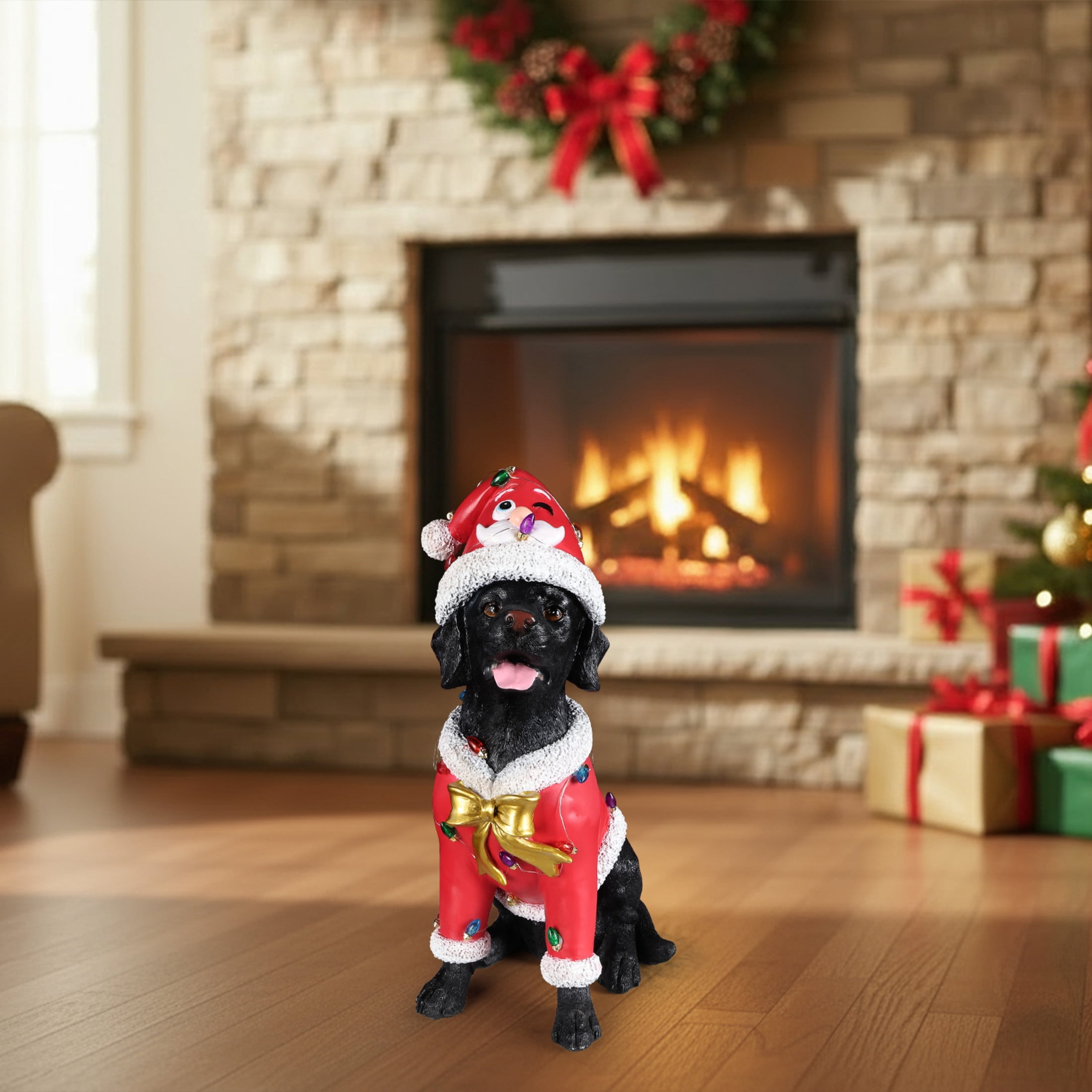 Noble House Christmas Labrador Retriever Statue, Cheerful Holiday Dog Figurine in Santa Outfit, Black Fur & Red Shirt