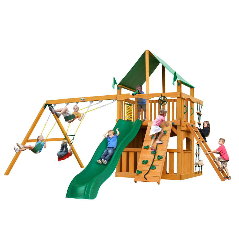 Gorilla Playsets Chateau Clubhouse Wooden Swing Set with Green Vinyl