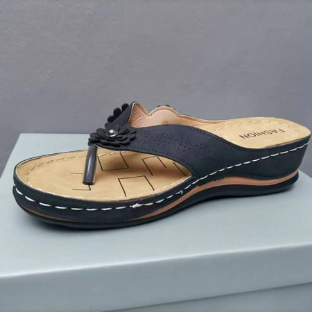 

Women‘s Floral Pattern Decor Sandals Wedge Heeled Open Round Toe Flip Flops Women‘s Casual Shoes