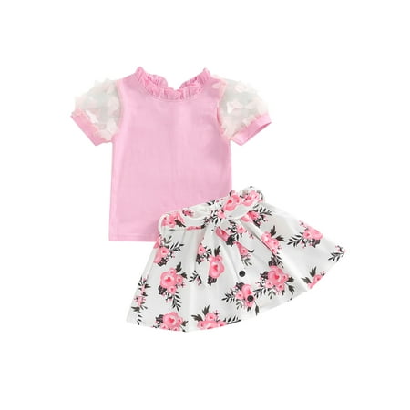 

Suanret 2PCS Toddlers Infants Girls Summer Streetwear Outfits Flower Puff Sleeve Patchwork Mock Neck Tops Floral Belted Skirt Set Pink 4-5 Years