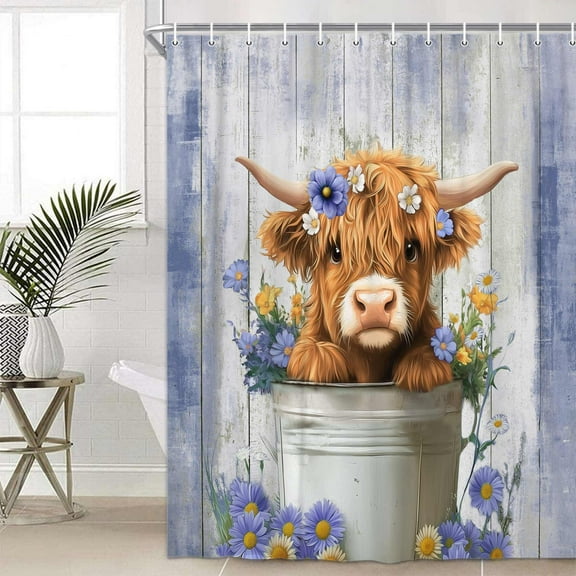 Funny Highland Cow Shower Curtain, Cute Farmhouse Blue and Purple Floral Western Wood Animal Shower Curtain Set, Country Rustic Turquoise Bathroom Accessories Set Decor with Hooks, 72X72in