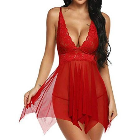 

Sinhoon Women Sexy Lingerie with G-string Babydoll Underwear Deep V-Neck Solid Color Lace Nightie Dress Sleepwear