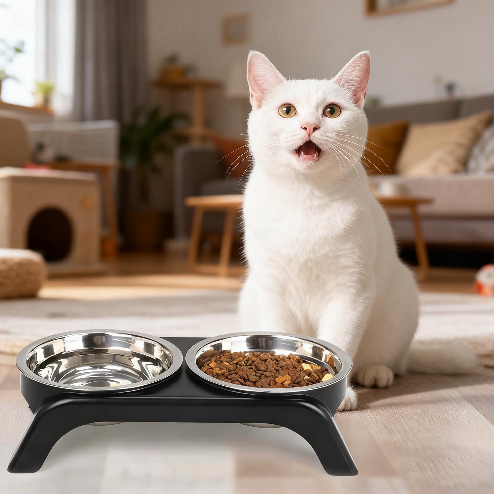 Elevated Cat Dog Bowls With Stand Adjustable Height Slow Feed Non Base Comfortable Dining Stainless Steel Indoor Pet Feeder