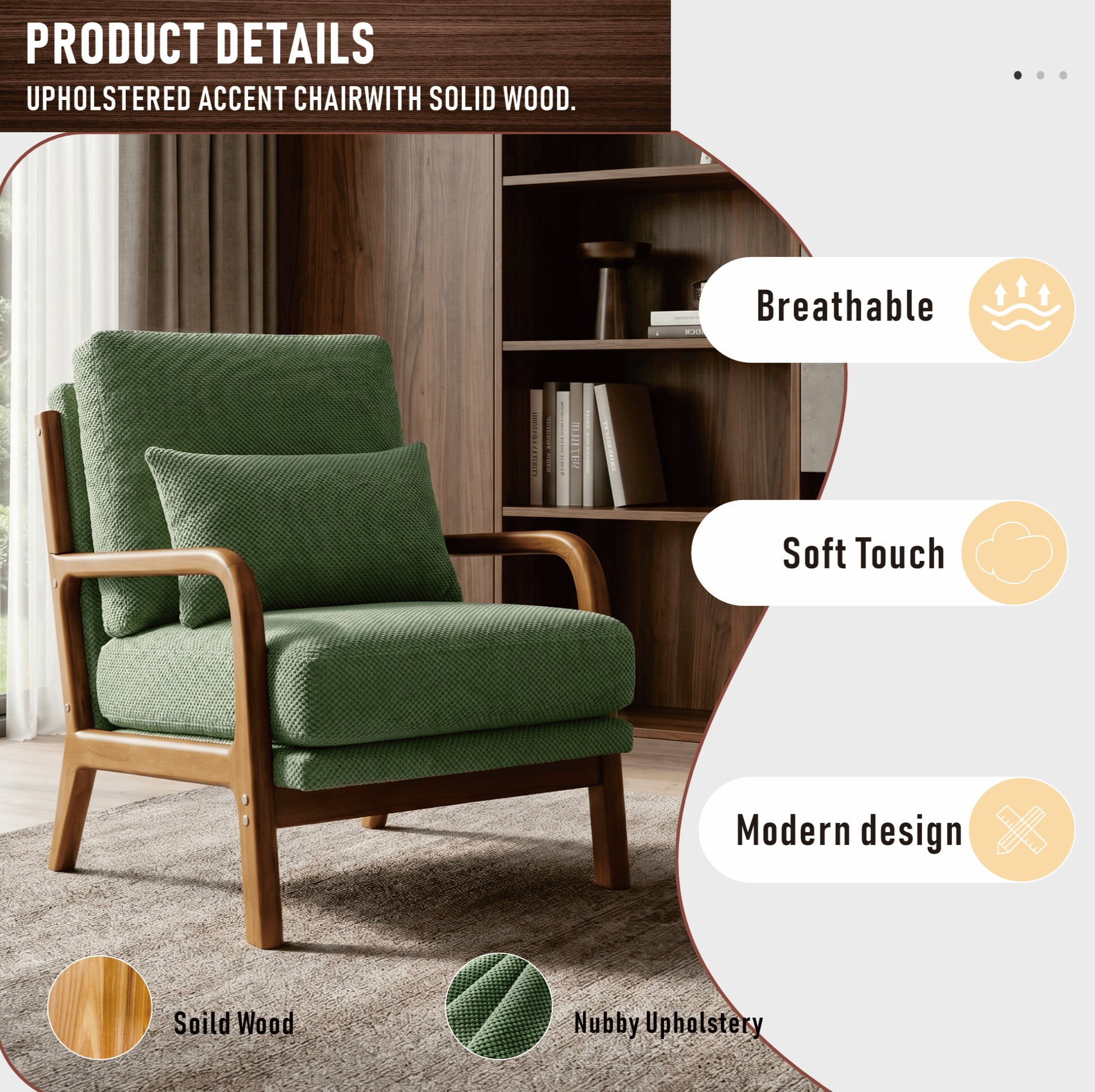 MOONMISS Accent Chair, Reading Club Chair with Pillow for Living Room Bedroom Furniture,Green