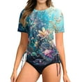 thumbnail image 2 of WTOBBY Women's Floral Design Short Sleeve Sun Swimsuit Lightweight Adjustable Lace-Up Swimsuit Top for Summer Water Activities Cover Up and Casual Beach Fashion with Comfort,Blue L, 2 of 5