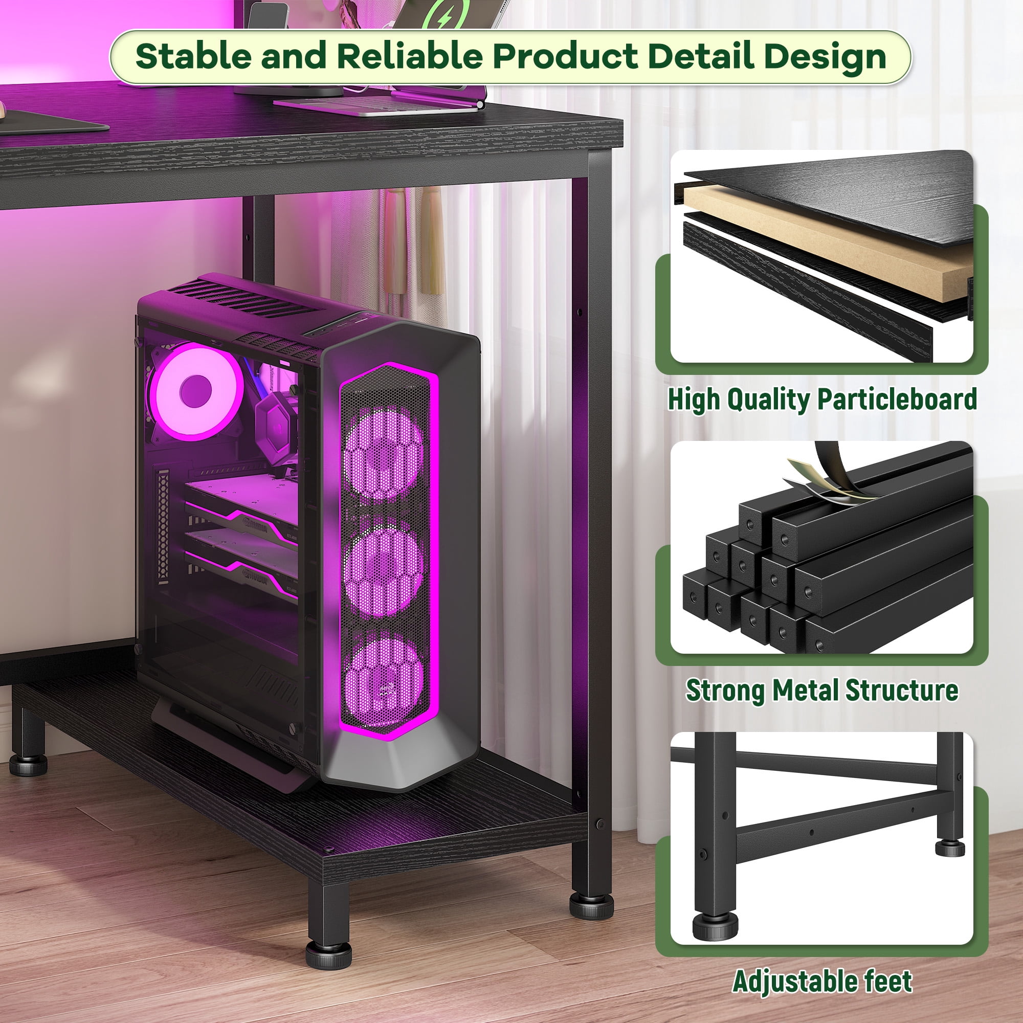 Romorgniz Gaming Desk with Power Outlet, Fabric Drawer & RGB LED Lights, Black Computer Desk with Adjustable Monitor Stand & CPU Holder for Home Office